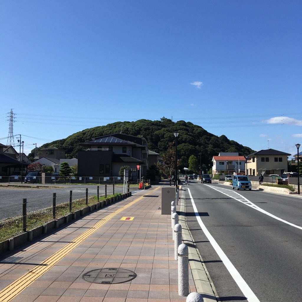 小牧山城。山の頂上に小さく
見えるお城。